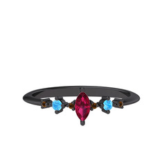 Minimal Aster Yüzük - Rodolit garnet, akuamarin ve dumanlı kuvars 925 ayar siyah rodyum kaplama gümüş yüzük #4ono4z