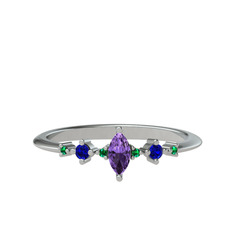 Ametist, lab safir ve yeşil kuvars 18 ayar beyaz altın yüzük