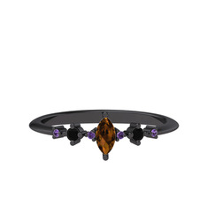 Minimal Aster Yüzük - Dumanlı kuvars, siyah zirkon ve ametist 925 ayar siyah rodyum kaplama gümüş yüzük #65t59z