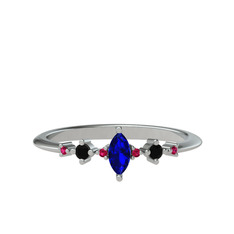 Lab safir, siyah zirkon ve rodolit garnet 18 ayar beyaz altın yüzük