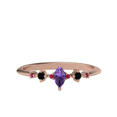 Minimal Aster Yüzük - Ametist, siyah zirkon ve rodolit garnet 18 ayar rose altın yüzük #6u5lzm