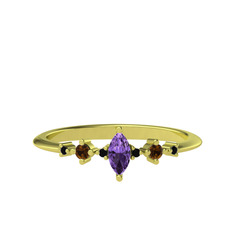 Ametist, dumanlı kuvars ve siyah zirkon 925 ayar altın kaplama gümüş yüzük