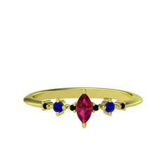 Minimal Aster Yüzük - Rodolit garnet, lab safir ve siyah zirkon 18 ayar altın yüzük #878247
