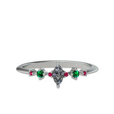 Beyaz zirkon, yeşil kuvars ve rodolit garnet 14 ayar beyaz altın yüzük