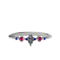 Beyaz zirkon, rodolit garnet ve lab safir 14 ayar beyaz altın yüzük