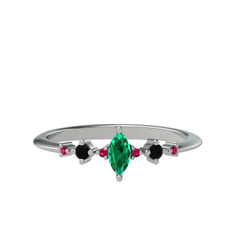 Minimal Aster Yüzük - Yeşil kuvars, siyah zirkon ve rodolit garnet 14 ayar beyaz altın yüzük #auybmy