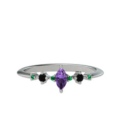 Ametist, siyah zirkon ve yeşil kuvars 18 ayar beyaz altın yüzük