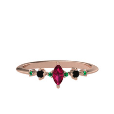Rodolit garnet, siyah zirkon ve yeşil kuvars 18 ayar rose altın yüzük