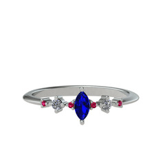 Lab safir, beyaz zirkon ve rodolit garnet 14 ayar beyaz altın yüzük