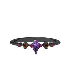 Minimal Aster Yüzük - Ametist, dumanlı kuvars ve rodolit garnet 925 ayar siyah rodyum kaplama gümüş yüzük #h4wsh5