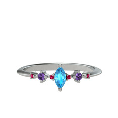 Akuamarin, ametist ve rodolit garnet 14 ayar beyaz altın yüzük