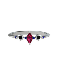 Minimal Aster Yüzük - Rodolit garnet, siyah zirkon ve lab safir 18 ayar beyaz altın yüzük #lr25lr