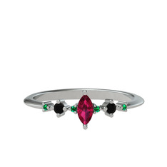 Rodolit garnet, siyah zirkon ve yeşil kuvars 18 ayar beyaz altın yüzük