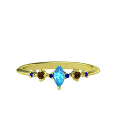 Akuamarin, dumanlı kuvars ve lab safir 18 ayar altın yüzük