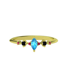 Akuamarin, siyah zirkon ve rodolit garnet 18 ayar altın yüzük