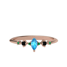 Akuamarin, siyah zirkon ve yeşil kuvars 14 ayar rose altın yüzük