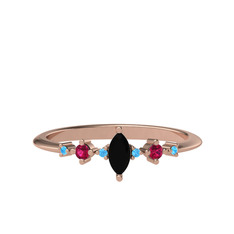 Siyah zirkon, rodolit garnet ve akuamarin 18 ayar rose altın yüzük