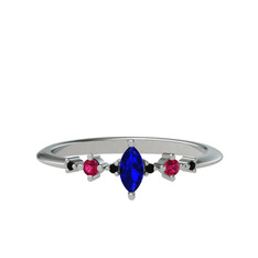 Lab safir, rodolit garnet ve siyah zirkon 18 ayar beyaz altın yüzük