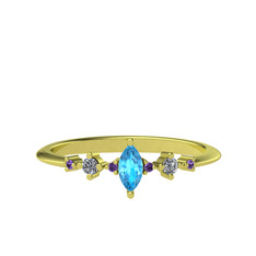 Akuamarin, beyaz zirkon ve ametist 8 ayar altın yüzük