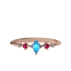 Akuamarin, rodolit garnet ve beyaz zirkon 925 ayar rose altın kaplama gümüş yüzük
