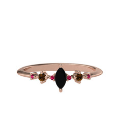 Siyah zirkon, dumanlı kuvars ve rodolit garnet 14 ayar rose altın yüzük