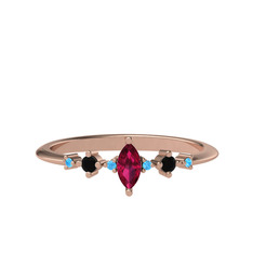 Minimal Aster Yüzük - Rodolit garnet, siyah zirkon ve akuamarin 18 ayar rose altın yüzük #ykgyi5