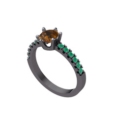 Mazus Tektaş Yüzük - Dumanlı kuvars ve kök zümrüt 925 ayar siyah rodyum kaplama gümüş yüzük #1aw5741