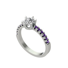Mazus Tektaş Yüzük - Beyaz zirkon ve ametist 18 ayar beyaz altın yüzük #1b771jf