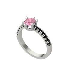 Mazus Tektaş Yüzük - Pembe kuvars ve siyah zirkon 18 ayar beyaz altın yüzük #1bo0ga6