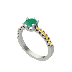 Mazus Tektaş Yüzük - Kök zümrüt ve sitrin 14 ayar beyaz altın yüzük #1c5p6jy
