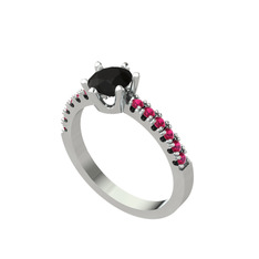 Mazus Tektaş Yüzük - Siyah zirkon ve rodolit garnet 18 ayar beyaz altın yüzük #1eligqk