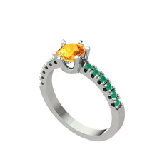 Mazus Tektaş Yüzük - Sitrin ve kök zümrüt 8 ayar beyaz altın yüzük #1lzrp4d