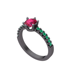 Mazus Tektaş Yüzük - Rodolit garnet ve kök zümrüt 925 ayar siyah rodyum kaplama gümüş yüzük #1offeek