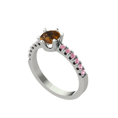 Mazus Tektaş Yüzük - Dumanlı kuvars ve pembe kuvars 14 ayar beyaz altın yüzük #1xsucl8