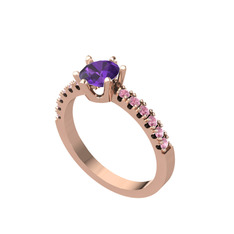 Mazus Tektaş Yüzük - Ametist ve pembe kuvars 8 ayar rose altın yüzük #3zbg2s