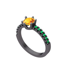 Mazus Tektaş Yüzük - Sitrin ve yeşil kuvars 925 ayar siyah rodyum kaplama gümüş yüzük #7w86ju