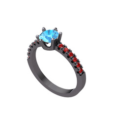 Mazus Tektaş Yüzük - Akuamarin ve garnet 925 ayar siyah rodyum kaplama gümüş yüzük #o4579d
