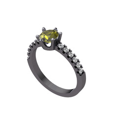 Mazus Tektaş Yüzük - Peridot ve beyaz zirkon 925 ayar siyah rodyum kaplama gümüş yüzük #ro6x9x