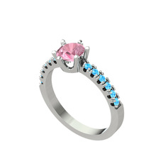 Mazus Tektaş Yüzük - Pembe kuvars ve akuamarin 14 ayar beyaz altın yüzük #udogoj