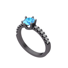 Mazus Tektaş Yüzük - Akuamarin ve swarovski 925 ayar siyah rodyum kaplama gümüş yüzük #z9v183