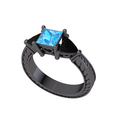 Prenses Tria Yüzük - Akuamarin ve siyah zirkon 925 ayar siyah rodyum kaplama gümüş yüzük #1050qfd