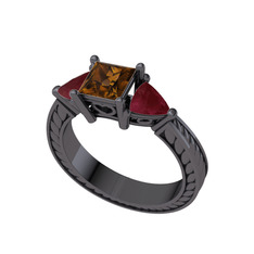 Prenses Tria Yüzük - Dumanlı kuvars ve kök yakut 925 ayar siyah rodyum kaplama gümüş yüzük #10gry2y