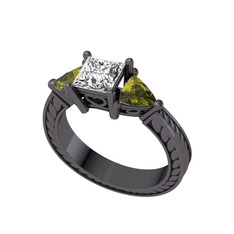 Beyaz zirkon ve peridot 925 ayar siyah rodyum kaplama gümüş yüzük
