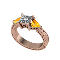 Prenses Tria Yüzük - Swarovski ve sitrin 925 ayar rose altın kaplama gümüş yüzük #12c37ld