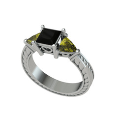 Siyah zirkon ve peridot 8 ayar beyaz altın yüzük
