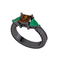 Prenses Tria Yüzük - Dumanlı kuvars ve kök zümrüt 925 ayar siyah rodyum kaplama gümüş yüzük #14izsxf