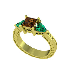 Prenses Tria Yüzük - Dumanlı kuvars ve yeşil kuvars 14 ayar altın yüzük #1503isz