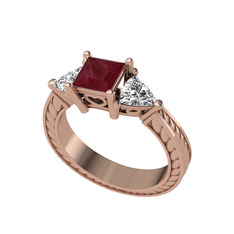 Prenses Tria Yüzük - Kök yakut ve beyaz zirkon 8 ayar rose altın yüzük #16bceic