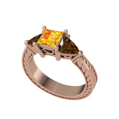 Prenses Tria Yüzük - Sitrin ve dumanlı kuvars 925 ayar rose altın kaplama gümüş yüzük #16e9hug