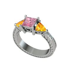 Prenses Tria Yüzük - Pembe kuvars ve sitrin 14 ayar beyaz altın yüzük #16u45v3